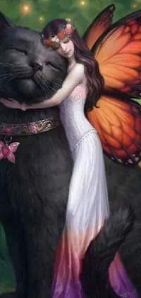 This phone live wallpaper features a stunning painting of a woman affectionately embracing a black cat in a vibrant, magical forest