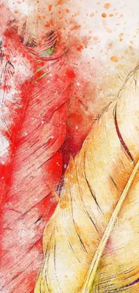 This phone live wallpaper features a stunning painting of a bird feather in red and yellow colors