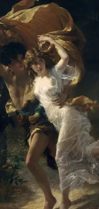 This stunning mobile live wallpaper features a beautiful painting of a couple dancing in a grove, rendered in a dryad style