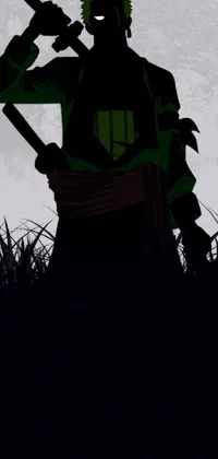 This live phone wallpaper portrays an enigmatic scene of a figure standing with a baseball bat in green armor against a full moon backdrop