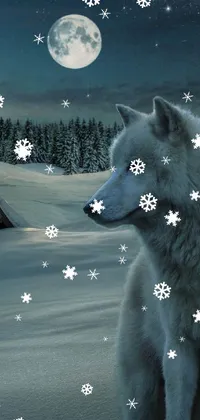 This live wallpaper features a stunning white wolf standing proud on a snow-covered field with a serene cabin in the woods in the background