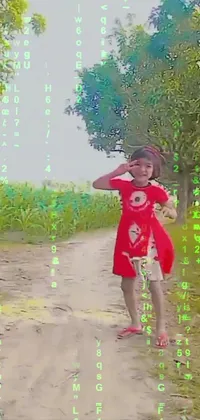 This phone live wallpaper features a little girl in a red dress dancing and twirling on a dirt road