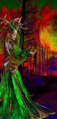 Get lost in the mystic beauty of this digital phone wallpaper featuring a woman in a celtic forest