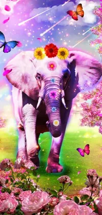 Get mesmerized by this stunning phone live wallpaper with a majestic elephant standing amidst a lush green field adorned with colorful flowers