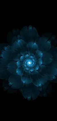 This phone live wallpaper showcases a stunning digital art rendering of a blue flower on a black background