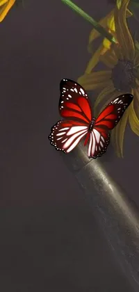 This live phone wallpaper features a stunning red butterfly resting on a vibrantly colored flower