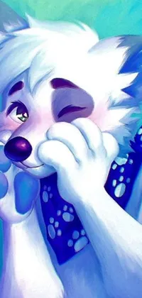 This digital live wallpaper depicts a cute furry blue dog chewing on a toy