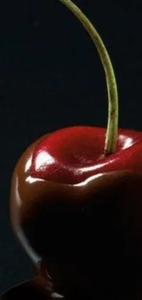 This phone live wallpaper features a photorealistic, close-up view of a chocolate-covered cherry in deep, rich colors