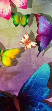 This stunning live wallpaper features a group of colorful butterflies flying together, designed by a renowned psychedelic artist
