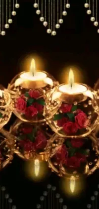 This stunning phone live wallpaper features a group of candles arranged on a table with translucent roses ornate, glass orbs, and red and golden details