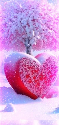 This phone wallpaper is a heart-shaped snow scene with a snowy tree in the background