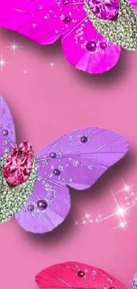 This beautiful live wallpaper features a group of purple and pink butterflies fluttering on a pink background, complete with Swarovski crystals for added sparkle and shimmer