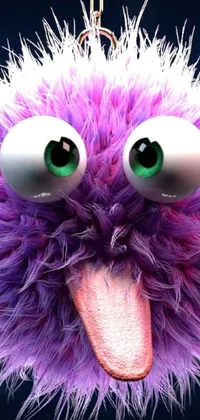 This phone wallpaper features a unique design of a purple furry animal hanging from a chain