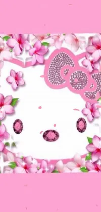 Get this cute and delightful phone live wallpaper for your device that features a hello kitty face surrounded by pink flowers