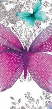 This stunning live phone wallpaper features an intricately-detailed butterfly in vibrant fuchsia hues, covered in crystals and glitter