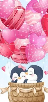 This live wallpaper features a beautiful vector art of two penguins in a hot air balloon, set against a backdrop of floating hearts