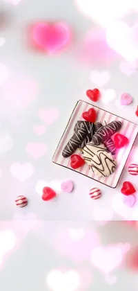 This charming phone live wallpaper features a box of chocolates and a picture frame on a wooden table surrounded by gentle pink hearts
