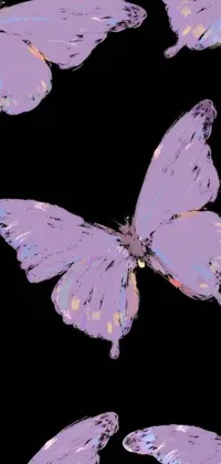 This phone live wallpaper features a group of vibrant purple butterflies on a black background, created in a pop art style similar to Andy Warhol