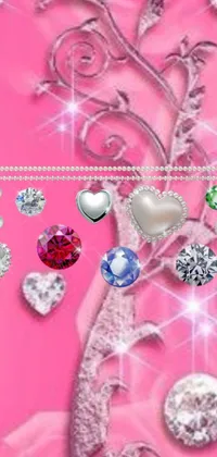 Elevate your phone's appearance with this charming live wallpaper! The piece showcases heart-shaped jewels arranged against a beautiful pink background