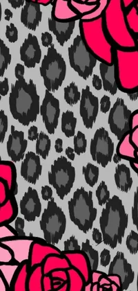 Looking for a bold and beautiful phone wallpaper? Look no further! This live wallpaper features a stunning arrangement of pink roses set against a wild leopard print background