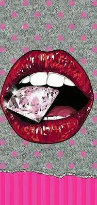 This phone live wallpaper features a close up of lips with a diamond, in pop art style with bright pink colors, and a smiley emoji