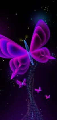 Captivate your device with this live wallpaper featuring a purple butterfly soaring through a dark night sky