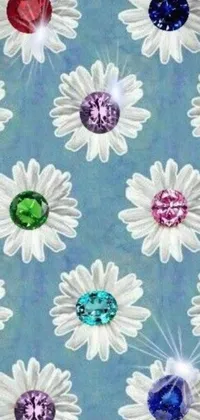 This phone live wallpaper features a digital rendering of colorful daisies and sparkling jewels on a blue background
