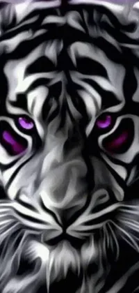 This phone live wallpaper depicts a striking painting of a bold-eyed tiger in purple hues