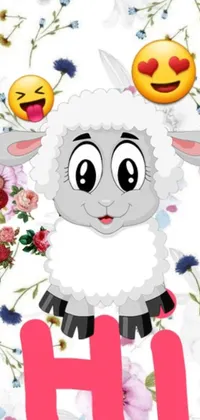 This live wallpaper for phones features a charming sheep surrounded by colorful flowers and a variety of playful emoticons, creating an aesthetic and modern digital screenshot look