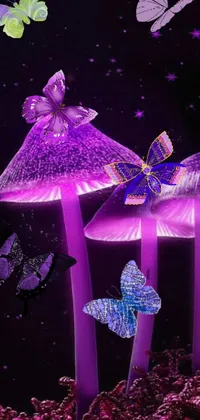 This phone live wallpaper showcases a group of purple mushrooms surrounded by fluttering butterflies against a psychedelic backdrop