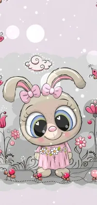 This adorable phone live wallpaper features a charming cartoon bunny wearing a pink dress and surrounded by an array of vibrant flowers and fluttering butterflies