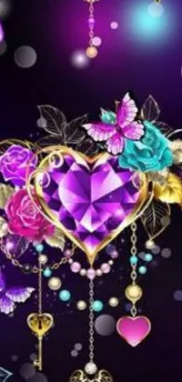 Looking for a stunning live wallpaper for your phone? Look no further than this gorgeous design, featuring a purple heart surrounded by flowers, keys, and colorful crystals