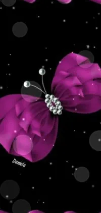 This live phone wallpaper showcases stunning purple ribbons floating on a black background with butterfly jewelry accents and a micro pink flower