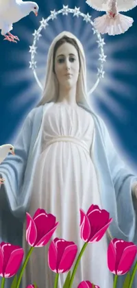 This phone live wallpaper showcases a digital rendition of a Virgin Mary statue with a blooming tulip field and doves