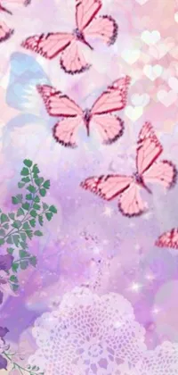 This captivating live wallpaper showcases a multitude of colorful butterflies fluttering across a lavishly stunning sky in shades of blush, providing a perfect backdrop for your phone screen