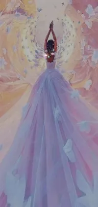 This stunning phone live wallpaper features a beautiful woman in a wedding dress standing before a massive airbrushed painting of a heavenly scene