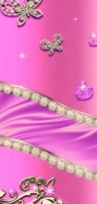 This stunning phone live wallpaper features a pink and purple background adorned with beautiful butterflies and flowers