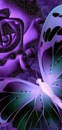 This chicano airbrush digital art live wallpaper features a close-up of a gorgeous purple rose and butterfly set against a matching purple background