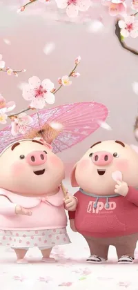 This live phone wallpaper features two friendly pigs standing alongside each other, set amidst a scene of blossoming cherry trees on a warm spring day