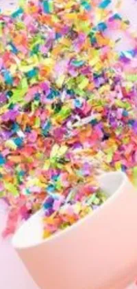 This live wallpaper features a cup filled with colorful confetti sprinkles, perfect for adding a touch of whimsy to your phone screen