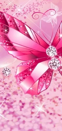 This captivating phone live wallpaper showcases a close-up of a pink butterfly against a pink background adorned with sparkling crystals and diamonds that adds elegance to the design