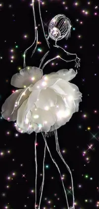 This phone live wallpaper features a stunning 3D hologram of a ballerina in a tutu against a radiant night sky filled with beautiful flowers