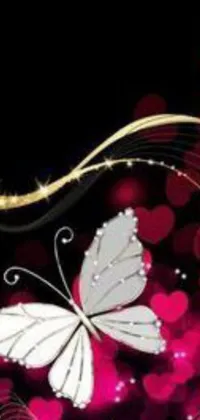 This live wallpaper features a stunning white butterfly perched on a vibrant pink background, embellished with shimmering gold, black, and red accents