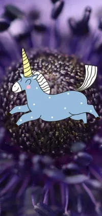 This phone live wallpaper showcases a close-up view of a stunning purple flower with a blue unicorn leaping on it