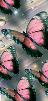 This mesmerizing live wallpaper features a group of pink butterflies perched atop a beautiful pink flower, set against a backdrop of floating bubbles