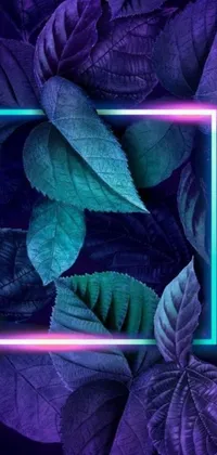 This phone live wallpaper is a visually stunning digital art creation that features a purple neon frame surrounded by lush green leaves