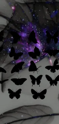 Enjoy a mesmerizing phone live wallpaper with a bunch of colorful butterflies in galactic dark colors
