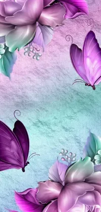 This phone live wallpaper features a stunning image of purple flowers and butterflies against a blue background