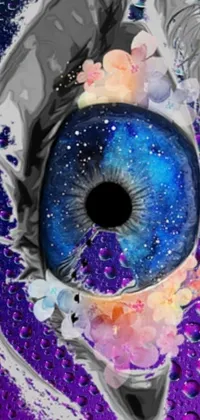 Indulge in the mesmerizing beauty of this live wallpaper showcasing a stunning blue eye against a purple galaxy background
