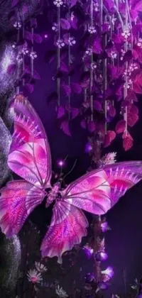 This lovely phone live wallpaper features a purple butterfly resting atop a tree amidst charming details such as a quaint bow, sword, strawberries, and fairy